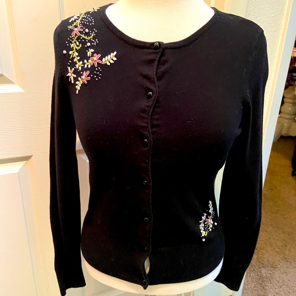Vintage Style Black Cardigan with Embroidered Flowers